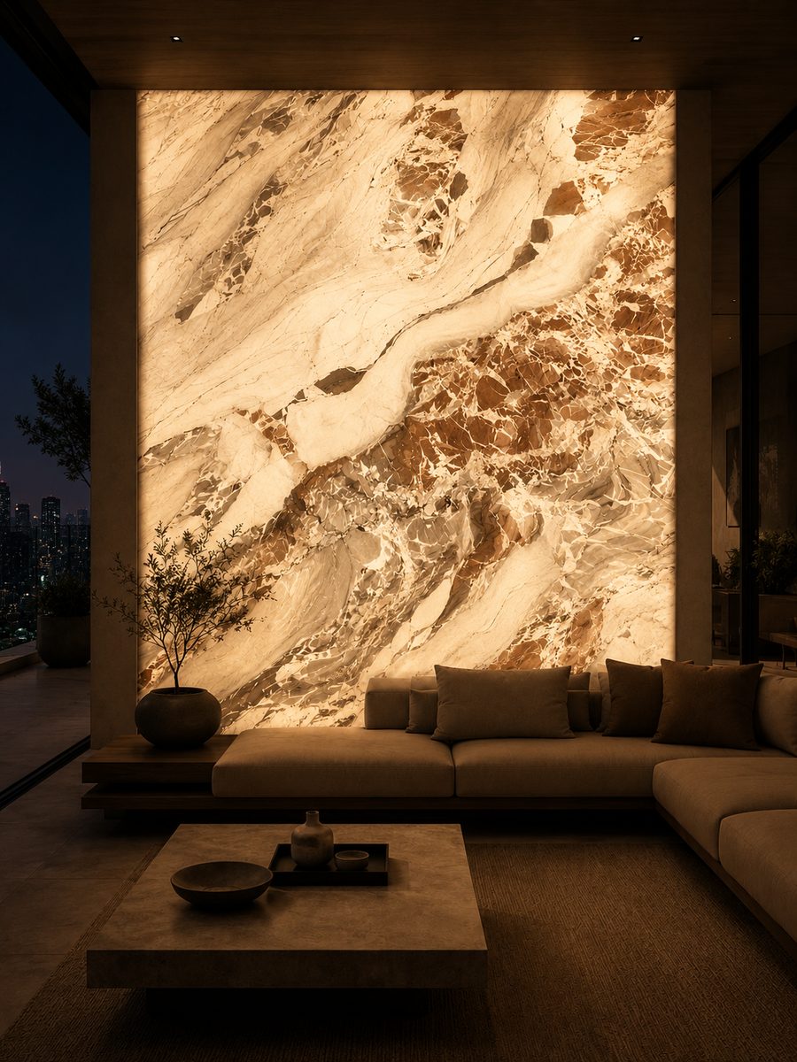 Calacatta Vagli Rosato in night light