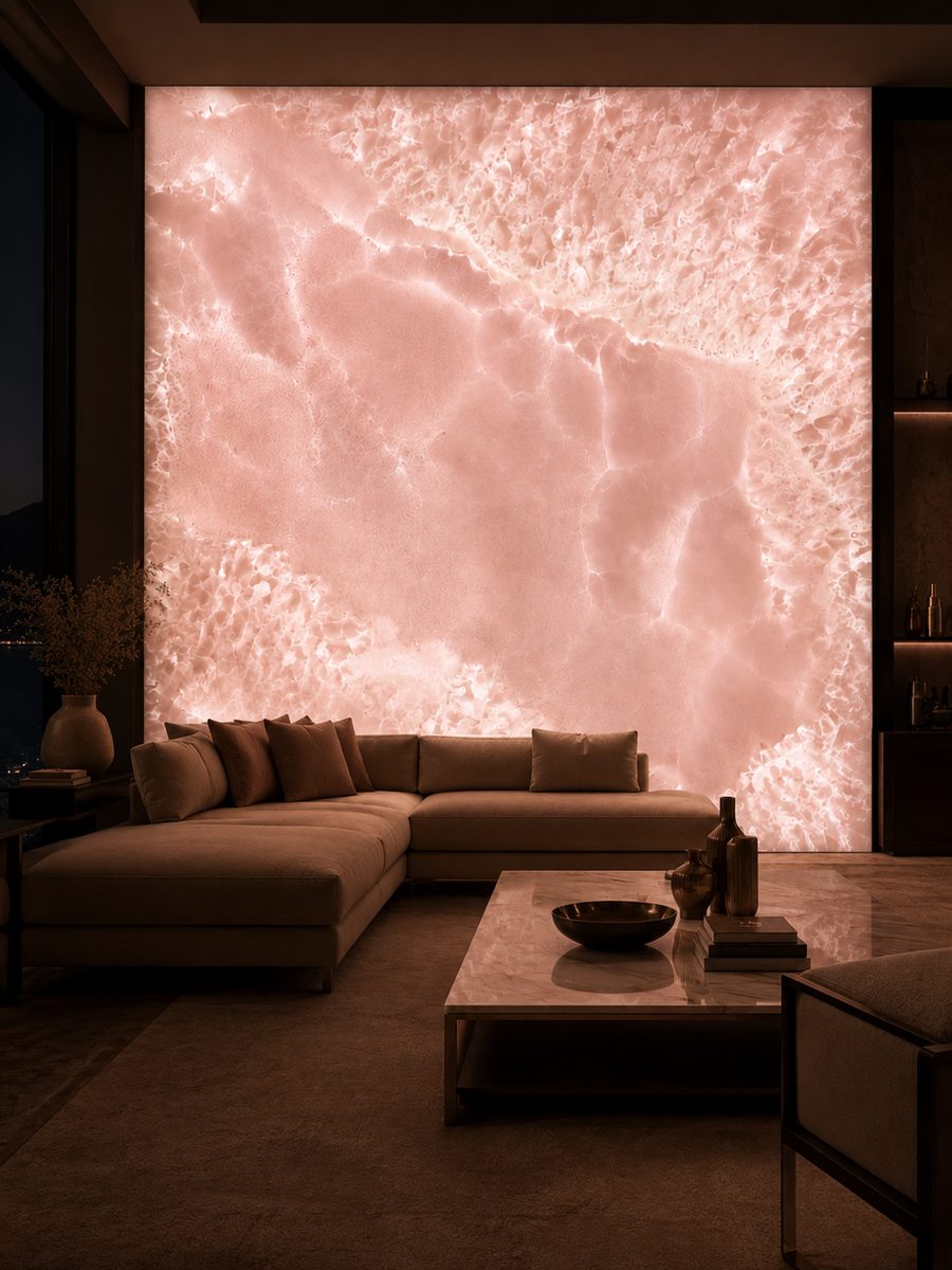 Onice Rosa Perlino in night light