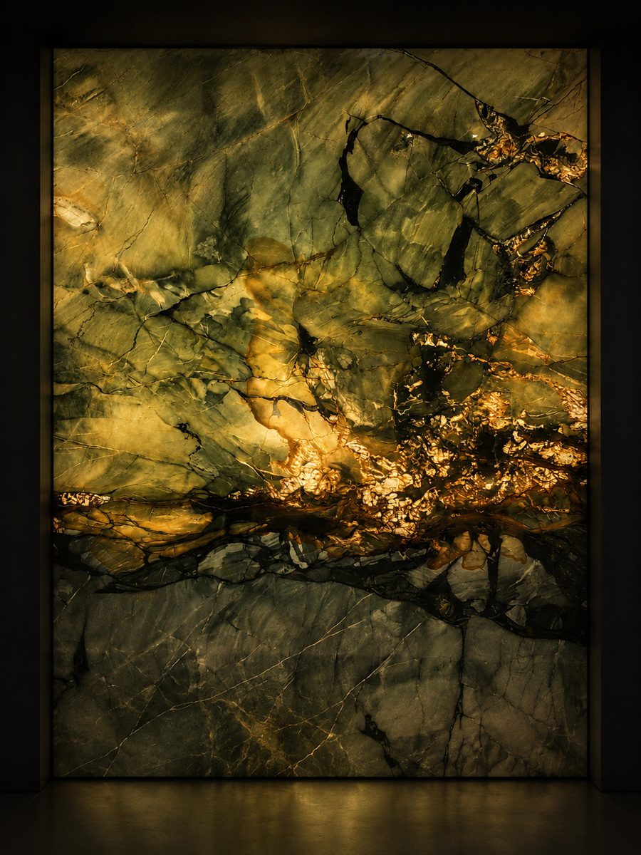 Verde Bonsai quartzite in museum light